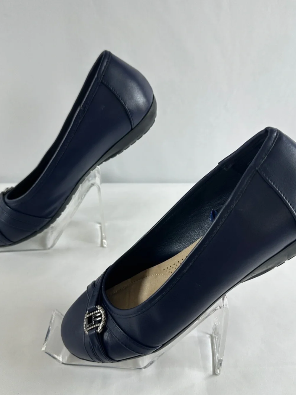 London Fog Collection Flats, Navy Blue, Size 7.5W, LF Buckle Embellishments